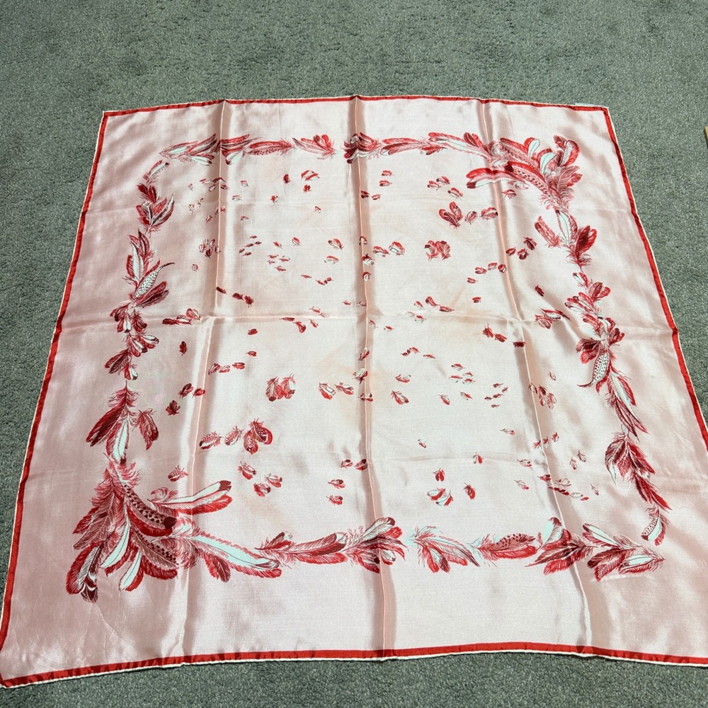 Vintage Gleneaton Fashion Pink Red Feather Print Square Satin Scarf 30x30